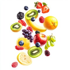 Wall Mural - Flying different fresh fruits in air on white background. Falling fruits mix multifruit