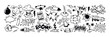 © redgreystock - Set of black comic book sound blast, cartoon bomb explosions, crash or bang effect. Doodle hand drawn speech bubbles with pow, splash, bam, wow, omg words. Smoke exclamation elements, dynamite explode