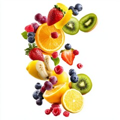 Wall Mural - Flying different fresh fruits in air on white background. Falling fruits mix multifruit