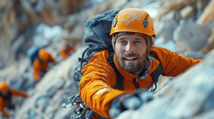 Mountaineering. Rocks. Rock climbing. Mountains. Mountaineers climb a rock. People with equipment overcome a difficult mountain route. Adventures. Tourism. Hiking with a backpack in the mountains.