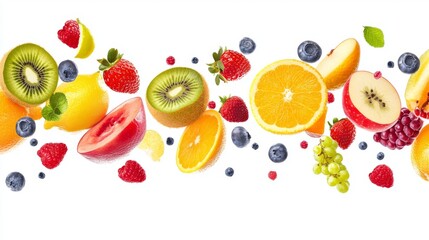 Wall Mural - Flying different fresh fruits in air on white background. Falling fruits mix multifruit