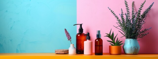 Wall Mural - Minimalist skincare products with pastel background