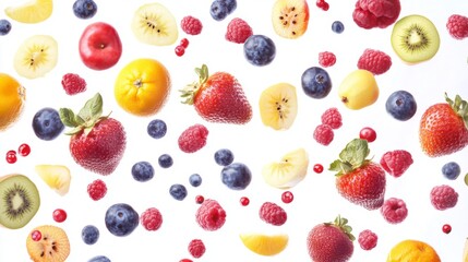 Wall Mural - Flying different fresh fruits in air on white background. Falling fruits mix multifruit