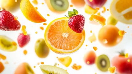 Wall Mural - Flying different fresh fruits in air on white background. Falling fruits mix multifruit