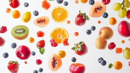 Wall Mural - Flying different fresh fruits in air on white background. Falling fruits mix multifruit