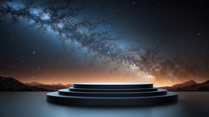 Wall Mural - 3D render of a podium with spotlight on galaxy background 