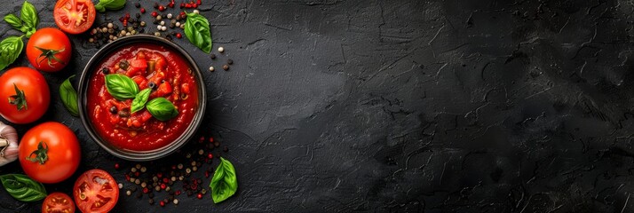 Wall Mural - Tomato Sauce In Black Bowl, Fresh Tomatoes, And Basil On Black Background. Top View, Copy Space