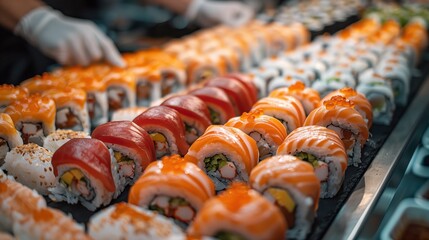 Wall Mural - Chef of Japanese restaurant preparing sushi and rolls in the kitchen. Preparation of sushi Japanese food. Asian cuisine. Fish menu