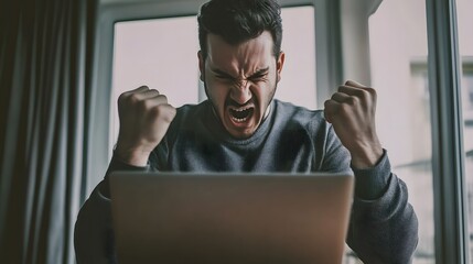 A man yells in excitement while sitting at his computer.