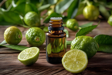 Wall Mural - Bottle of bergamot essential oil is standing on a rustic wooden surface surrounded by fresh bergamot fruits and leaves