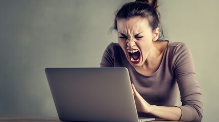 Wall Mural - Woman screaming at laptop, frustrated.