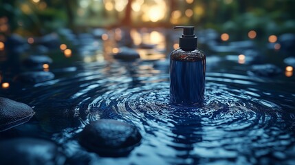 A shampoo, standing on the black stone on the water surface.