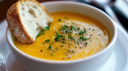 Delectable Autumn Harvest: Creamy Pumpkin Soup with Savory Croutons