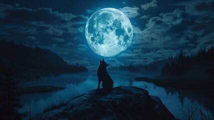 Wall Mural - a dog is sitting on a rock by a body of water, looking up at the moon