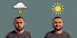 © Muriel - Mood weather forecast fun illustration, Arab man with angry, upset, unhappy face with storm rain cloud thunder and lightning symbol and same person's head looking satisfied, smiling, with shining sun
