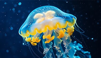 Beautiful jellyfish swim in the dark blue ocean, showing shining transparent shells and bright yellow tentacles, as if they were fantasy creatures on the bottom of the sea.