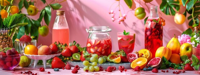 Wall Mural - Vibrant fruit and juice display with a pink background