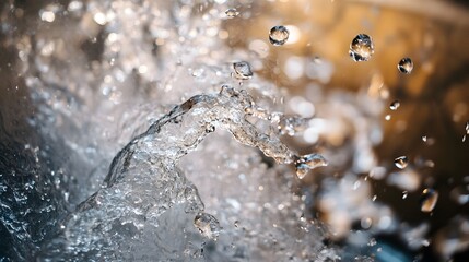 Closeup view of water gushing out from a metal faucet in a public restroom sink  The powerful stream of water creates an abstract textured pattern against the tiled or ceramic background