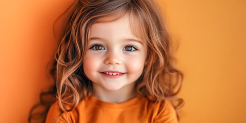 Smiling little girl with curly hair against a warm orange background, capturing a cheerful and innocent expression.