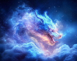 Wall Mural - a dragon with blue, red, and purple flames on its face is flying through the sky. the sky is filled 