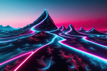 Modern Abstract Digital Wallpaper with Neon Effects and Fractal Landscapes