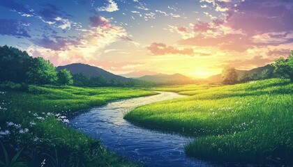 Sticker - Serene River Winding Through a Lush Green Valley at Sunset