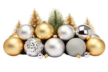 A festive arrangement of gold and silver Christmas balls, Isolated on white background