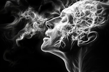 Poster - Neuroimaging Problem solving Silhouette of a woman with smoke rising from her head symbolizing the evaporation of thoughts and the transient nature of memories