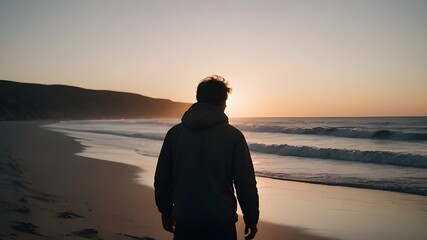 person on the beach at sunset, sea, beach, alone, back view, nature, outdoors, vacation