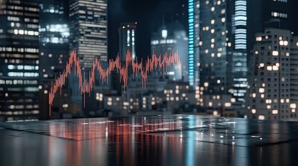 Digital stock market graph shows declining trends against a festive New York City backdrop with holiday decorations and blurred buildings