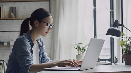 Wall Mural - Young woman working on a laptop at a desk.