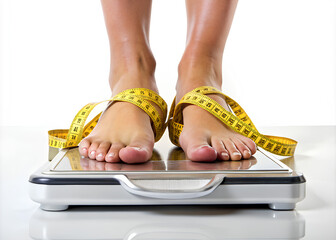 Woman feet standing on weigh scales and measure tape on white background