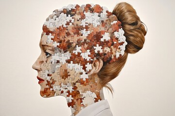 Poster - Cognitive dissonance Creativity Woman with puzzle pieces integrated into her hair symbolizing the intricate connections between thoughts and the complexity of personal identity