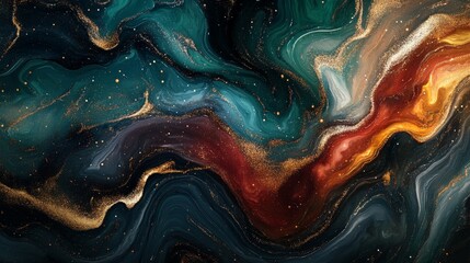 Abstract Swirling Liquid Gold, Teal, and Red with Glitter