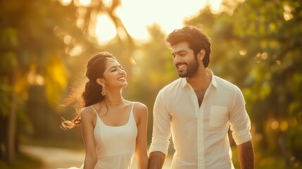 Wall Mural - Couple walking hand in hand during sunset on a scenic outdoor path embraced by nature's beauty and warm golden light