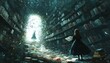 © Nattapat - Generate an enchanting image of Alice from Wonderland and a white rabbit moving into a rabbit hole, with a path of books left behind