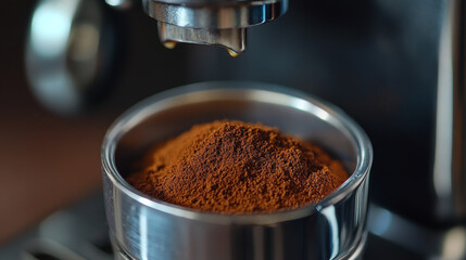 A close-up of ground coffee in a portafilter or portable coffee filter handle, prepared for a coffee-making machine.