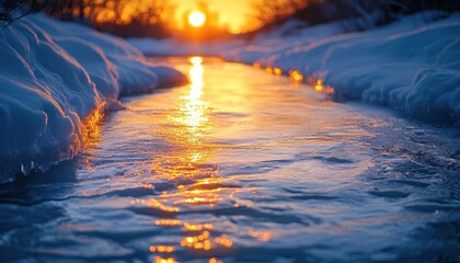 Frozen rivers at twilight, with the last light of the day casting a warm glow on the icy surface, creating a serene winter scene, Serene, Warm Tones, Wide Angle