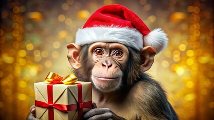 A joyful monkey dons a festive Santa hat, surrounded by colorful presents, exuding cheer and spreading holiday joy.