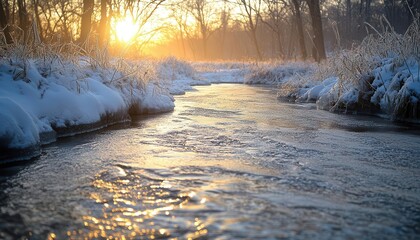 Frozen streams at dawn, with the first light of the day casting a warm glow on the icy water, creating a serene winter scene, Serene, Warm Tones, Wide Angle