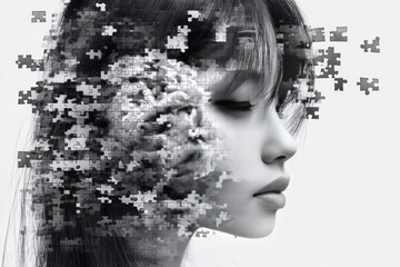 Sticker - Psychological resilience Brain stimulation Womans face disintegrating into puzzle pieces representing mental health challenges loss of identity or complexity of human psyche in artistic depiction