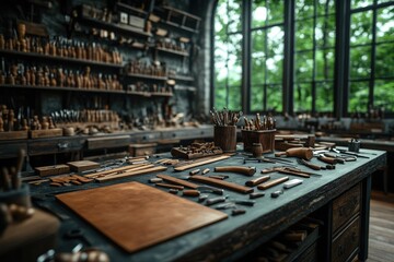 An organized woodworking workshop displaying various tools neatly arranged on a workbench and shelves, showcasing the precision and craftsmanship in a serene, green environment.