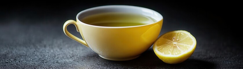 Cup of green tea with a lemon wedge on the side, rich in antioxidants, brain-stimulating beverage