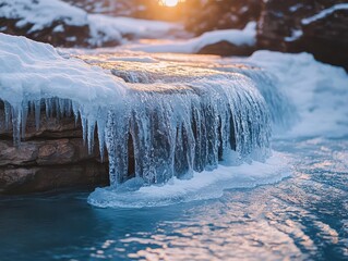 Frozen waterfalls in the evening light, with the last light of the day casting a warm glow on the icy cascade, creating a serene winter scene, Serene, Warm Tones, Wide Angle