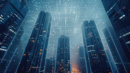 Leinwandbilder - Technology, city, data. Smart city with wireless network connection and cityscape. Generative AI.