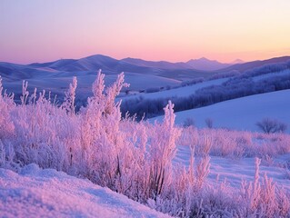 Snow-covered hills at twilight, with the last light of the day casting a warm glow on the frosty landscape, creating a serene winter scene, Serene, Cool Tones, Wide Angle