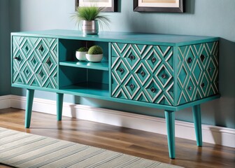 a photo image of a teal TV console table with a vibrant, glossy finish featuring energetic and bold geometric patterns on the surface and legs.