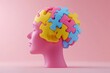 © Leo - Cognitive therapy Brain stimulation Human head formed by colorful puzzle pieces symbolizing complexity of the human mind mental health challenges or cognitive diversity in playful vibrant context
