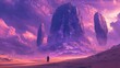© addymawy - A lone figure stands before towering purple rock formations in a vibrant desert landscape.