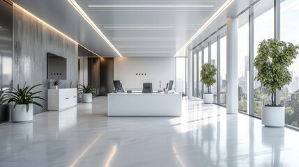 Poster - Modern office. open space business office with wooden furniture, computers, glass partition. Generative AI.